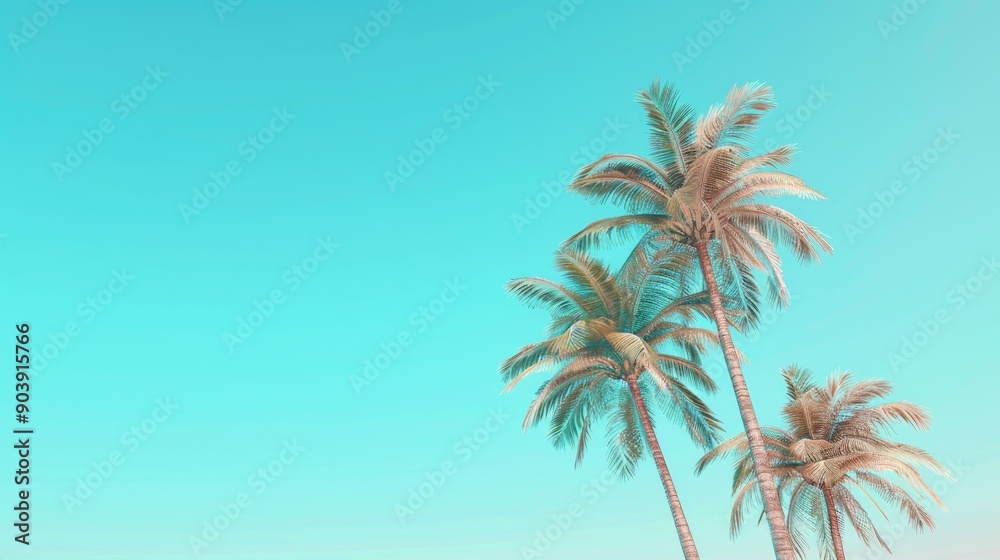 Obraz premium Minimalist beach vibes with palm trees against a clear blue sky