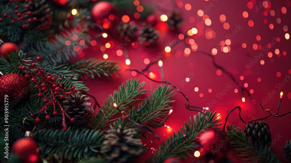 Minimalist holiday background showcasing red lights and pine decorations Minimalist holiday background showcasing red lights and pine decorations