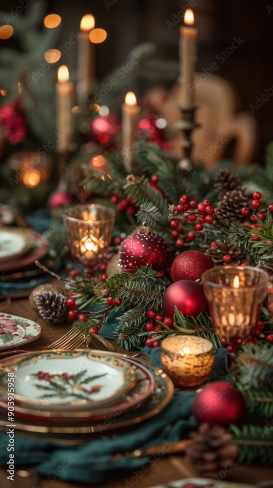 Candles are lit on a table with christmas decorations and plates Candles are lit on a table with christmas decorations and plates