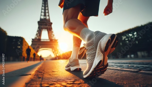 Focus on running shoes of an athlete whos running towards the eiffel tower of paris photo