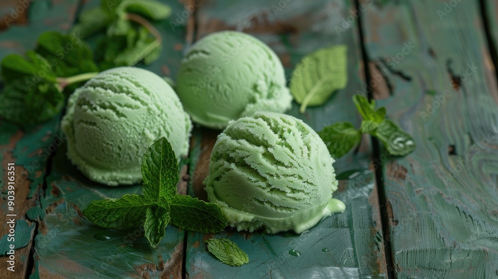 Mint ice cream made at home displayed on a wooden surface Mint ice cream made at home displayed on a wooden surface