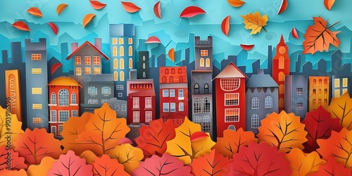 autumn landscape in the city, paper cut