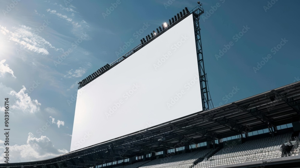 Blank billboard in a sports arena, perfect for brand or sponsorship messages, Modern, Bright sky, High-detail