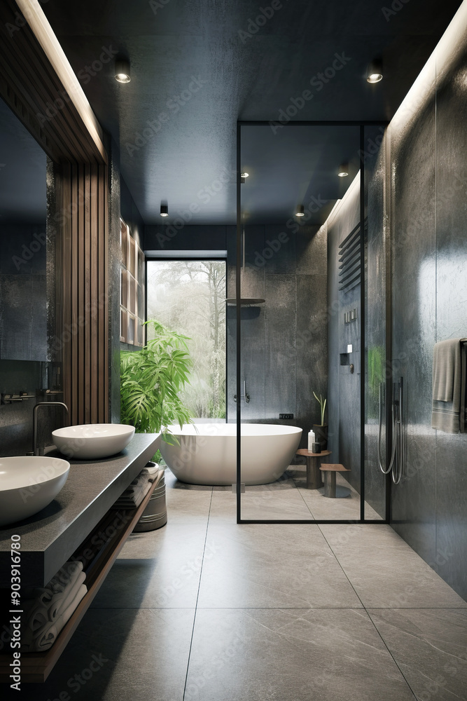 A sleek and modern bathroom with a minimalist design, featuring a freestanding bathtub, glass-enclosed shower, dual sinks, and stylish dark gray tiles. A sleek and modern bathroom with a minimalist design, featuring a freestanding bathtub, glass-enclosed shower, dual sinks, and stylish dark gray tiles.