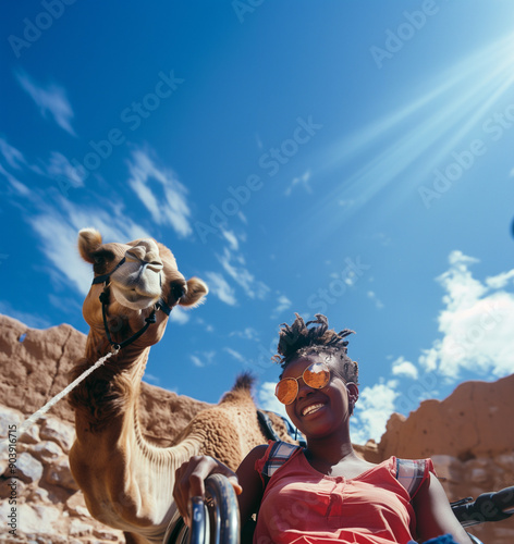 Camel in desert. Disabled woman in wheelchair on hot summers day in the sahara. Morocco camel riding. Selfie with animal. Hump camel ride on vacation holiday egypt.	 photo