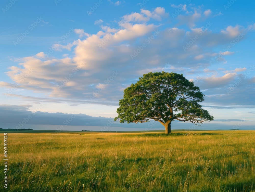 Fototapeta premium Lone tree in a vast green field under blue sky