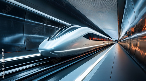 Fototapeta high speed super fast modern bullet train based on hyper loop system