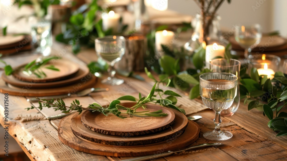 Rustic wooden table set with plates, bread, and candles for a cozy indoor meal, surrounded by greenery and natural light. Farmhouse dining concept. Rustic wooden table set with plates, bread, and candles for a cozy indoor meal, surrounded by greenery and natural light. Farmhouse dining concept.