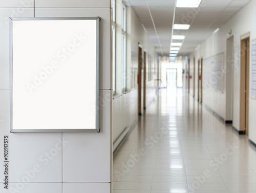 Empty signboard in a school hallway, perfect for displaying academic announcements, Institutional, Crisp, Neutral tones