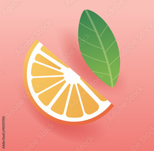 Orange slice and green leaf on pink background tropical fruit concept modern flat design