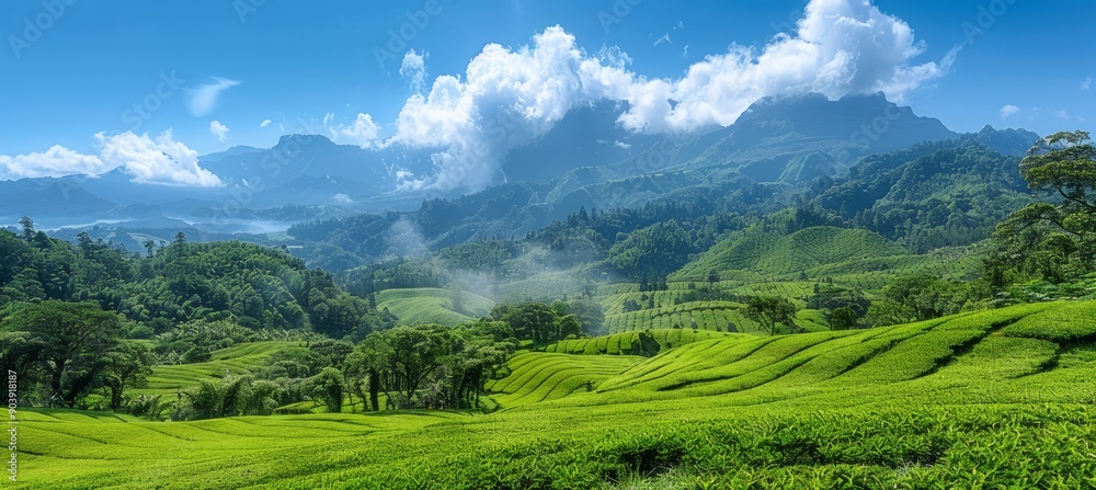 Tea farm field and mountain valley scenery landscape background. Generative AI technology.	
