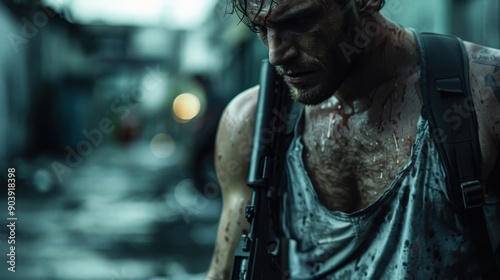 A person is seen in a gritty urban setting holding a rifle, appearing battle-worn and intense, with messy hair and a torn shirt hinting at a tough situation.