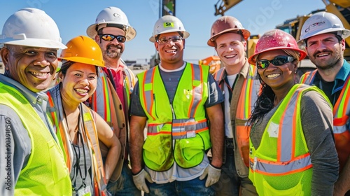 A group of diverse construction workers in hard hats and safety vests, standing together and smiling warmly, with a construction site in the background.