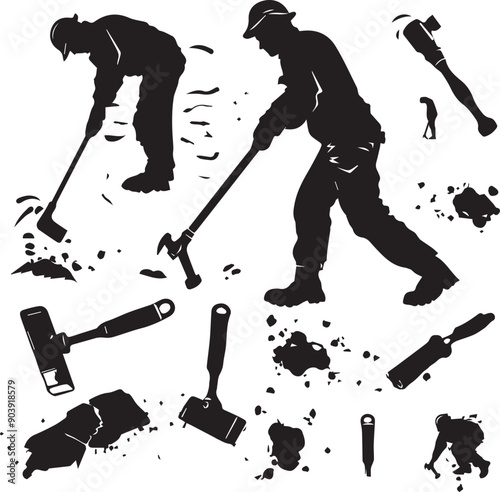 Construction Workers Minimalist Black Silhouette Vector Collection