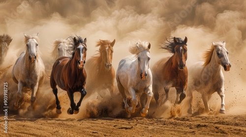 A group of horses running through a sandy field. The horses are in motion, with their hooves kicking up dust and dirt. The scene is dynamic and energetic
