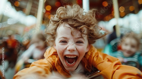 A young child with curly hair is captured mid-laughter on a carousel ride, showcasing pure joy and excitement from the amusement park experience. photo