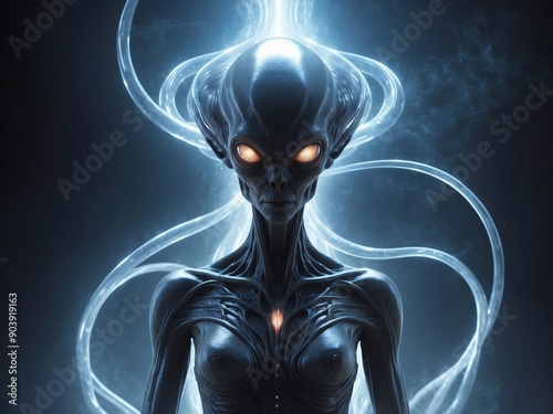 Ethereal Alien Presence: A haunting and ethereal portrait of an alien being, bathed in an otherworldly glow, with piercing eyes and intricate details. The image evokes a sense of mystery, wonder, and 
