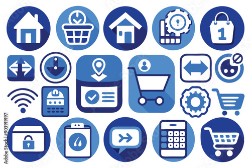 Set of online shop icons in blue and white colors. Icons depict different aspects of online shopping, including shopping cart, credit card, delivery truck, gift box, and more.