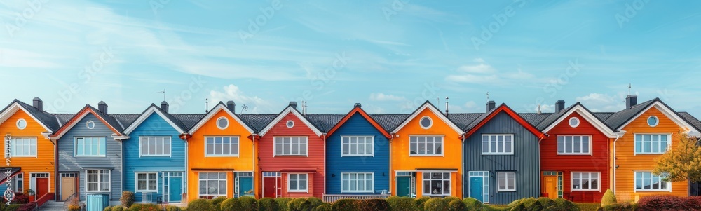 Brightly painted houses line a street in a residential area, Real estate Brightly painted houses line a street in a residential area, Real estate