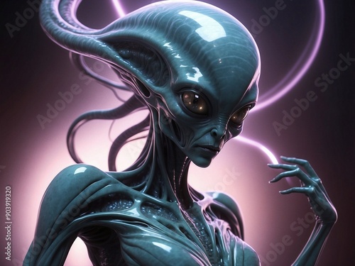 Alien Enigma: A mesmerizing digital painting of an ethereal extraterrestrial being with flowing tendrils and a captivating gaze, set against a backdrop of vibrant, glowing rings. This image evokes a s