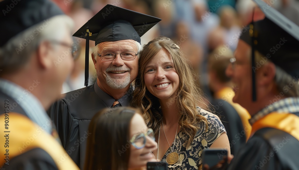 Fototapeta premium Parents taking photos of graduates, candid moments, natural expressions, warm lighting, highresolution, detailed backgrounds, realistic photography, joyful atmosphere