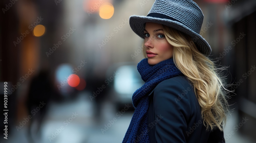 Woman in a Blue Hat and Scarf, Looking Away Woman in a Blue Hat and Scarf, Looking Away