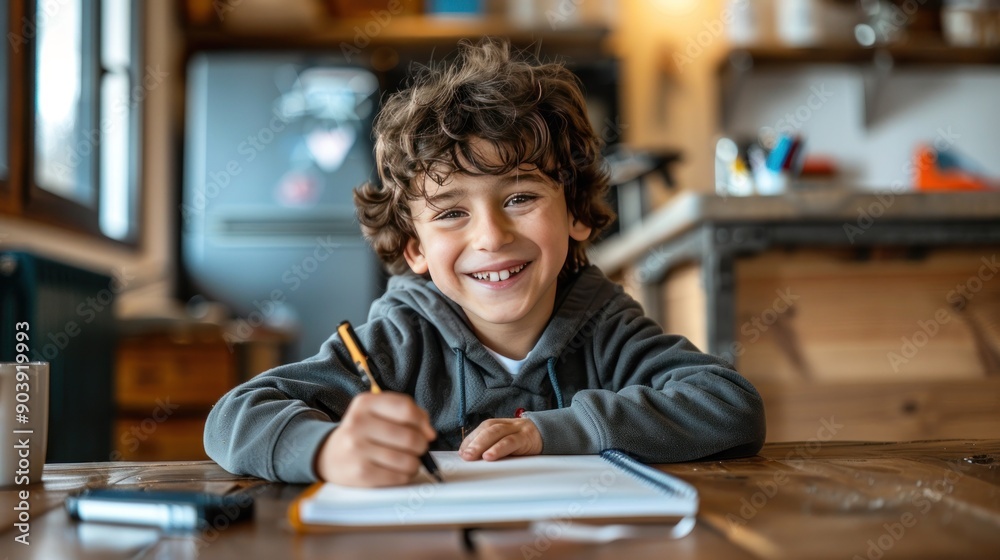 A happy boy is sitting at the table and writing in his notebook, he smiles while looking into camera A happy boy is sitting at the table and writing in his notebook, he smiles while looking into camera