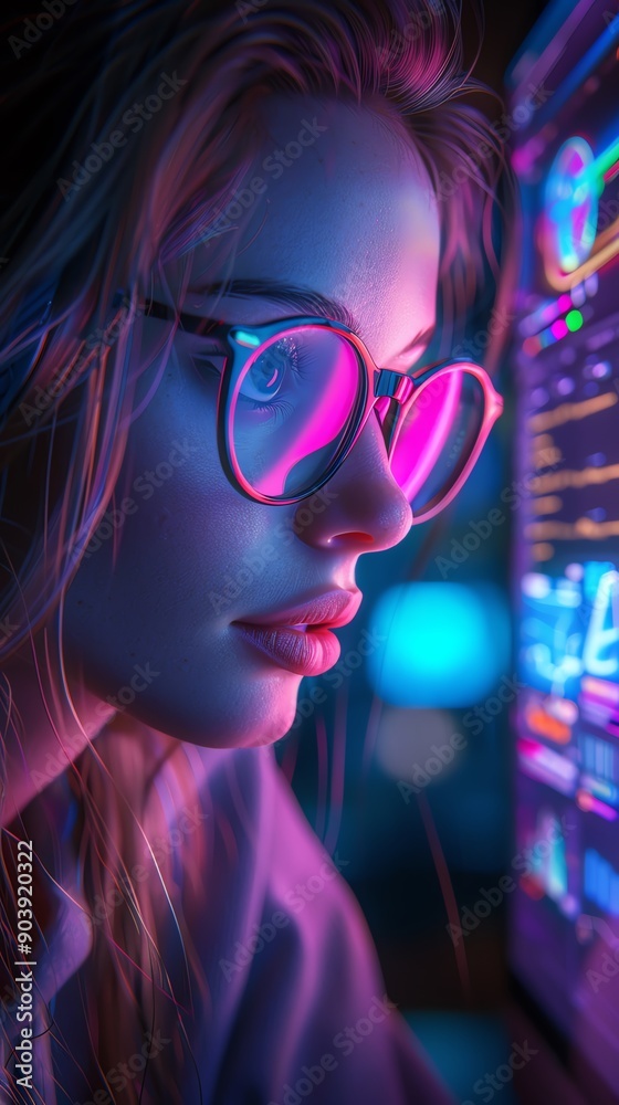 Digital marketer creating 3D models, glassless computer display, 8K quality, detailed tools, highresolution, vibrant colors, ultrarealistic, focused expression