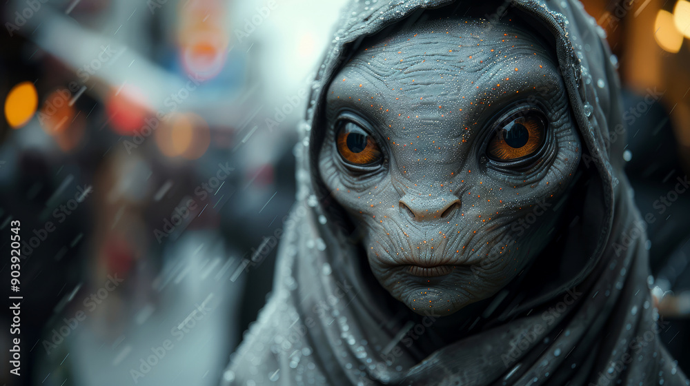 Portrait of a hooded alien among people against the backdrop of a winter cityscape Portrait of a hooded alien among people against the backdrop of a winter cityscape
