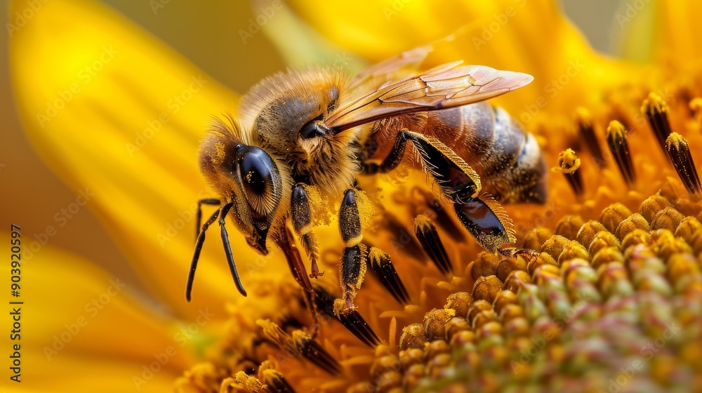 Honeybee Collecting Nectar on Bright Yellow Sunflower in Macro Nature Photography for Design Honeybee Collecting Nectar on Bright Yellow Sunflower in Macro Nature Photography for Design
