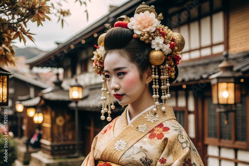 A Japanese girl in a traditional national costume - a kimono. Against the background of houses, lanterns and cherry trees. The portrait symbolizes the traditions and culture of the people of Japan. photo