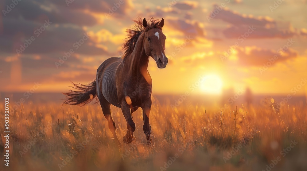 A horse is running in a field with a sunset in the background A horse is running in a field with a sunset in the background