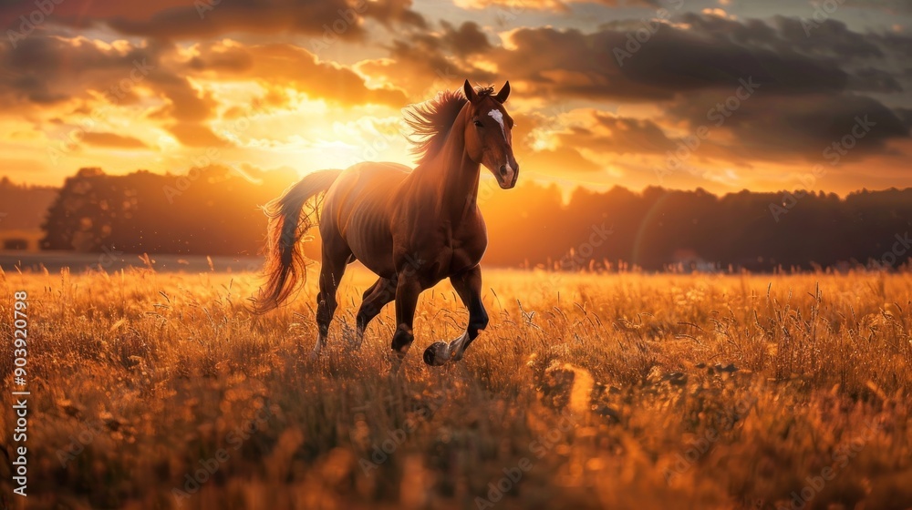 A horse is running in a field with a sunset in the background A horse is running in a field with a sunset in the background