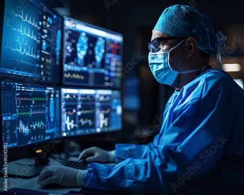 Surgeon using 3D graphics computer for preoperative planning, glassless display, 8K resolution, detailed medical images, highdefinition, realistic lighting, focused atmosphere