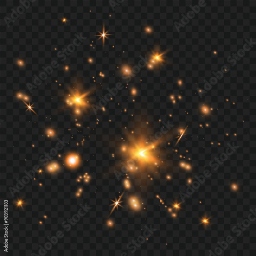 White sparkles and star clusters on a dark, transparent background. Vector