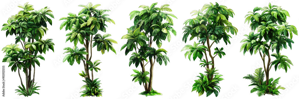 Fototapeta premium 3D Illustrations of Serene Tropical Trees on Transparent Background