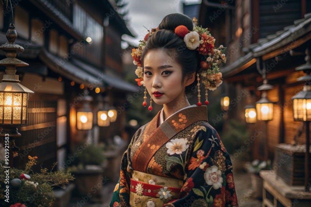 A Japanese girl in a traditional national costume - a kimono. Against the background of houses, lanterns and cherry trees. The portrait symbolizes the traditions and culture of the people of Japan. A Japanese girl in a traditional national costume - a kimono. Against the background of houses, lanterns and cherry trees. The portrait symbolizes the traditions and culture of the people of Japan.