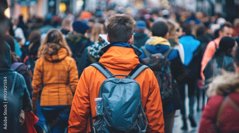 A large crowd of people walking down a street. The man in the orange jacket is the only one who is not wearing a backpack A large crowd of people walking down a street. The man in the orange jacket is the only one who is not wearing a backpack