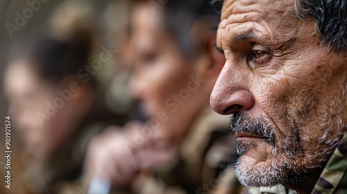 An elderly man with a pensive expression on his face, showing deep thoughts and a lifetime of experiences, surrounded by two blurred individuals, highlighting wisdom and reflection. photo