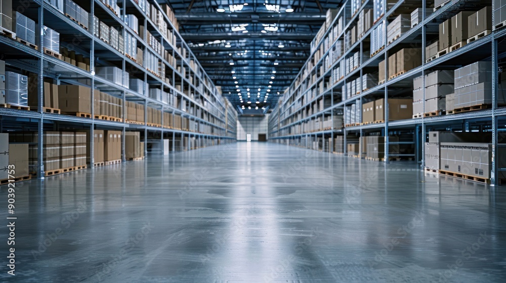 Fototapeta premium A large empty storage warehouse with boxes on shelves. Modern Industrial distribution center with racks, boxes and containers.