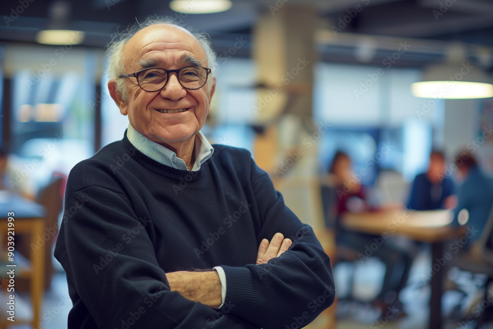 A smiling senior man with glasses stands confidently with folded arms in a modern office, with colleagues working in the background A smiling senior man with glasses stands confidently with folded arms in a modern office, with colleagues working in the background