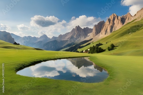 Round mirroe lying in grass, reflecting the mountains of Val Badia, Alto Adige, Ilaty Generative AI photo