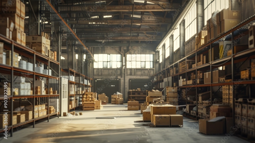 A large warehouse with many shelves and boxes. The space is very open and bright, with a lot of light coming in from the windows. Scene is one of efficiency and productivity A large warehouse with many shelves and boxes. The space is very open and bright, with a lot of light coming in from the windows. Scene is one of efficiency and productivity