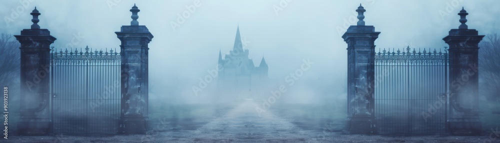 A mysterious fog envelops an ornate gate leading to a haunting castle, evoking a sense of intrigue and eerie beauty. A mysterious fog envelops an ornate gate leading to a haunting castle, evoking a sense of intrigue and eerie beauty.