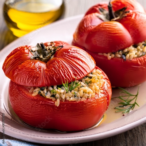 Turkish traditional food stuffed tomatoes with olive oil stuffed with rice photo