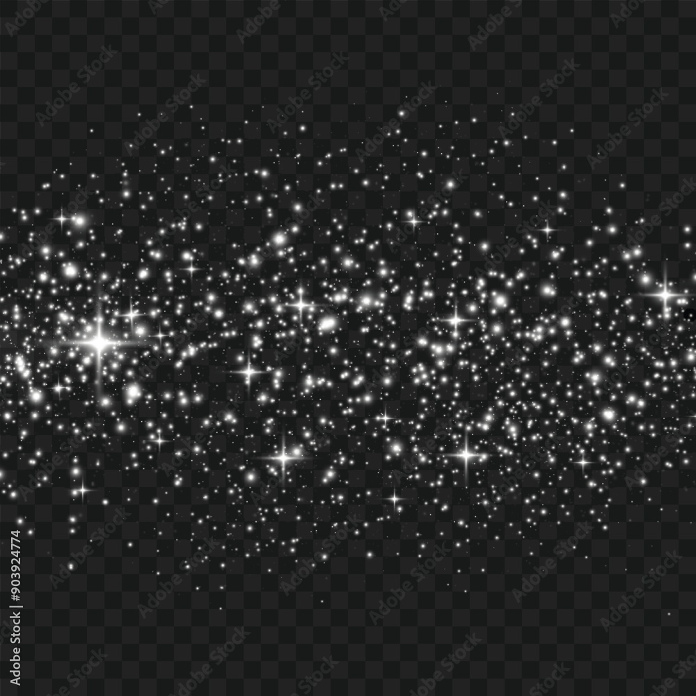 White sparkles and star clusters on a dark, transparent background. Vector