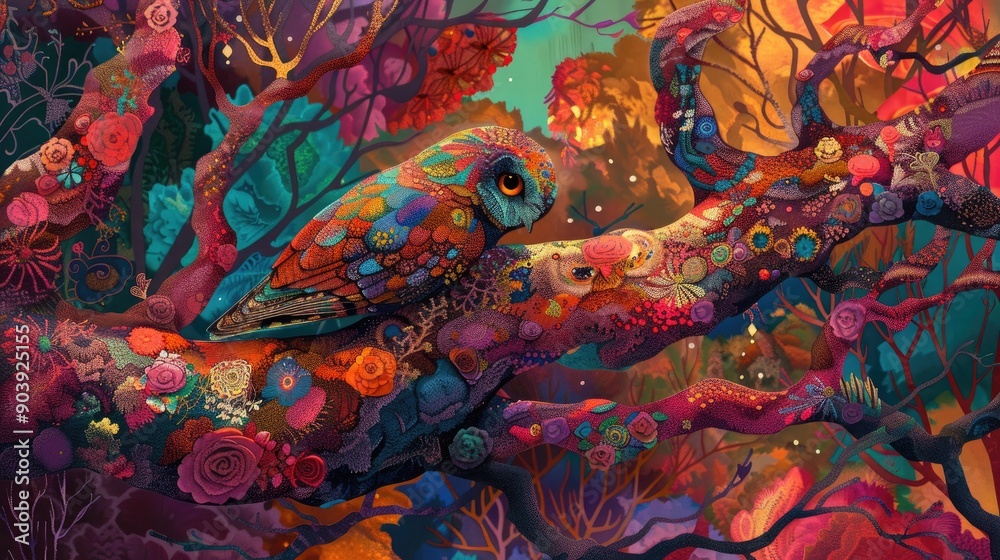 A fallen Samara rests on a vibrant branch creating a colorful patterned scene