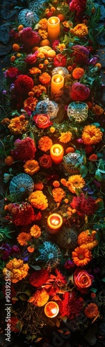 Wallpaper Mural Candles are lit on a flower arrangement with flowers and leaves, Day of Dead Torontodigital.ca