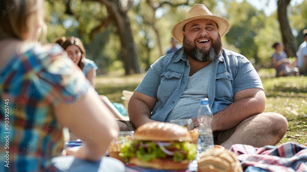 Fat man enjoying a picnic with friends in a sunny park Fat man enjoying a picnic with friends in a sunny park