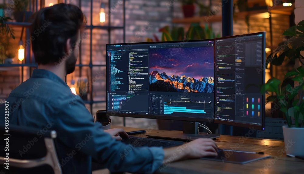 Digital marketer coding on glassless 3D monitor, 8K resolution, detailed interface, highdefinition, vibrant colors, realistic lighting, modern office setup Digital marketer coding on glassless 3D monitor, 8K resolution, detailed interface, highdefinition, vibrant colors, realistic lighting, modern office setup